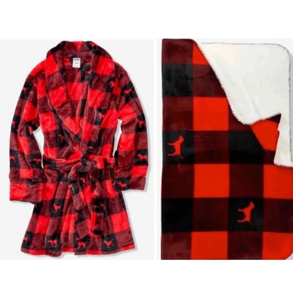 VS PINK Buffalo RED Plaid Logo Puppy Sherpa Blanket + Robe(XS/S) MATCHING SET